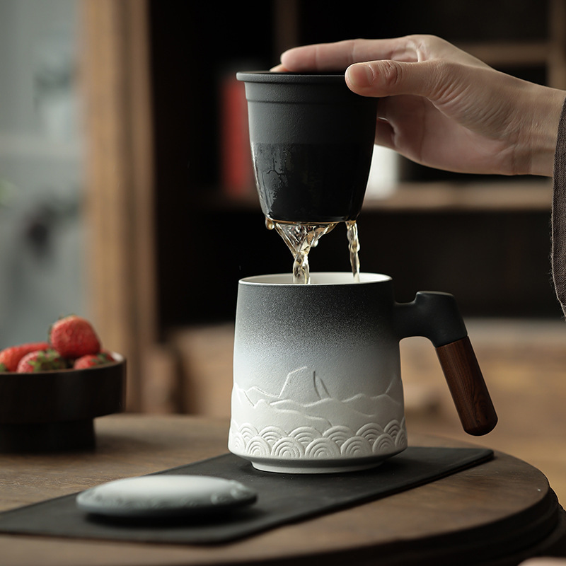 embossed remote mountain ceramic cup mug tea separation tea cup office belt lid personal cup master cup single cup wholesale
