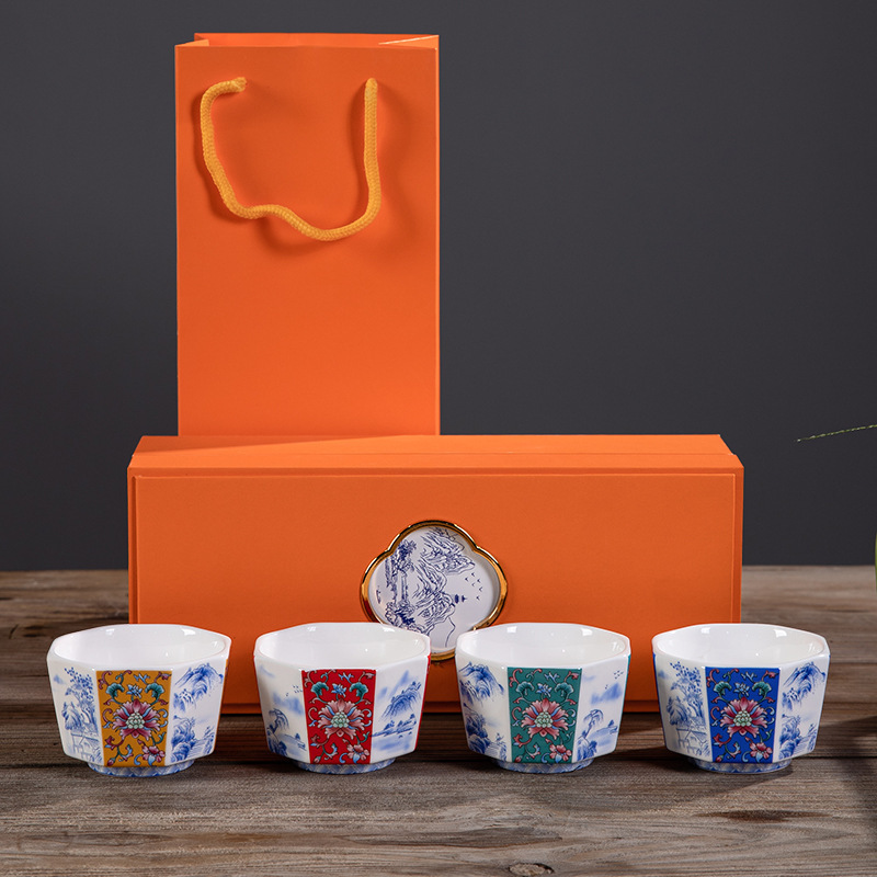 High-end tea set tea cup single cup master cup gift box set four cups business gift blue and white personal tea cup