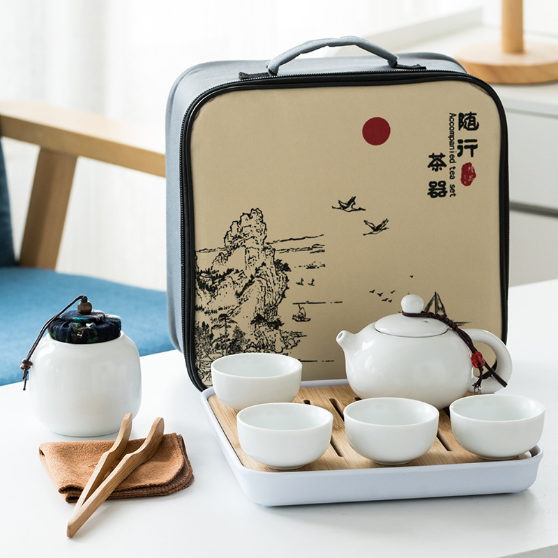 Ceramic Kung Fu Travel Tea Set Portable Bag Outdoor Accompanying Xi Shi One Pot Two Cup Gifts Wholesale