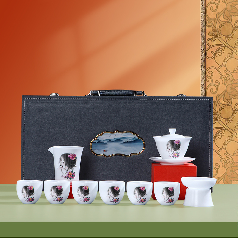 Hand-painted ice tea set Dehua white porcelain sheep fat jade suki roasted ice tea set Ice beauty retro light luxury