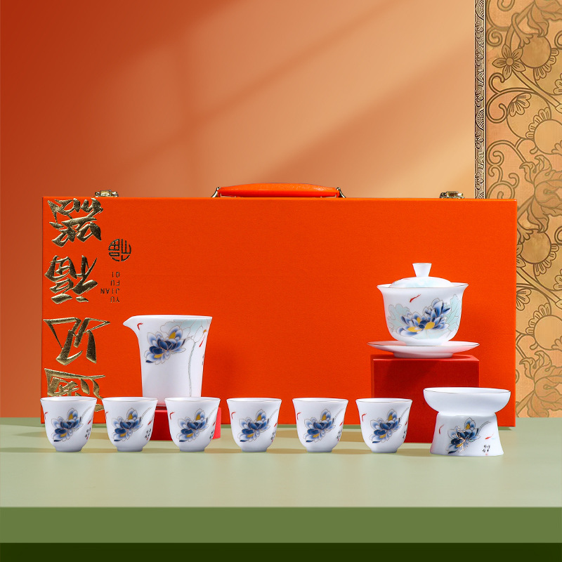 Ice type jade porcelain tea set, household sheep fat jade Dehua white porcelain high-end cover bowl tea cup, office guests high-end
