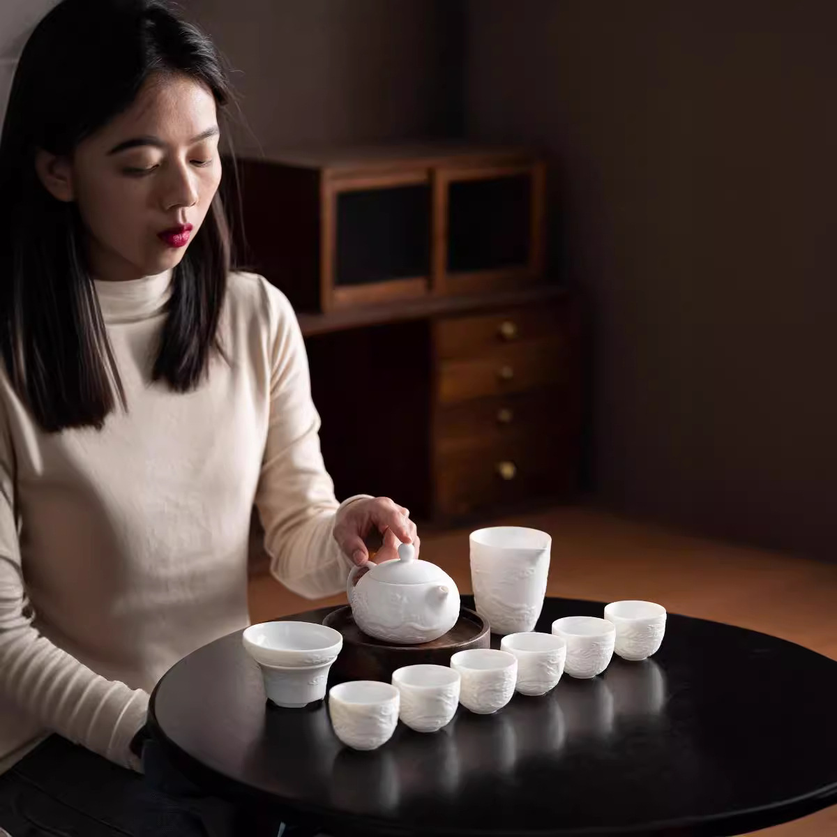 Sheep fat jade tea set White porcelain Fengming pot tea set Business activities Tea making accompanying hand gift box Office household