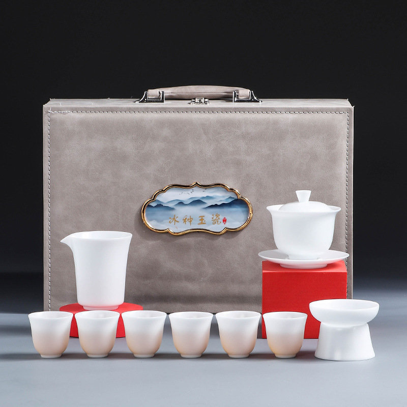 Dehua sheep fat jade white porcelain tea set complete set high-end household light luxury modern anti-scalding Japanese tea bowl ceramic tea cup