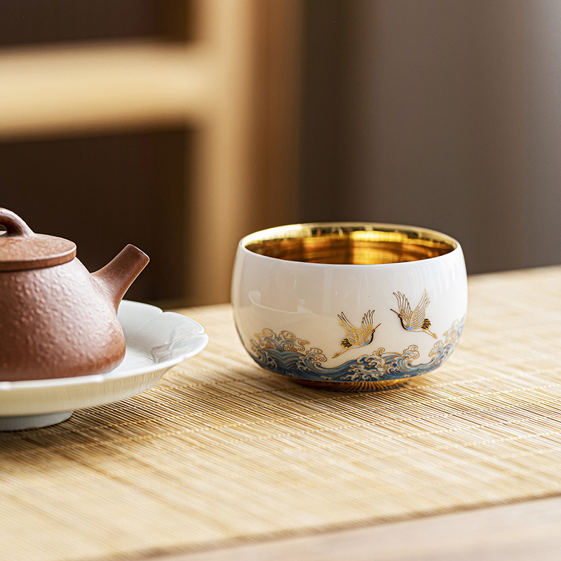 Xianghe Guanhai Fortune Master Cup Gilded Silver Gilded Sheep Fat Jade Porcelain Single Cup Chinese Court Style Tea Cup Gift Box