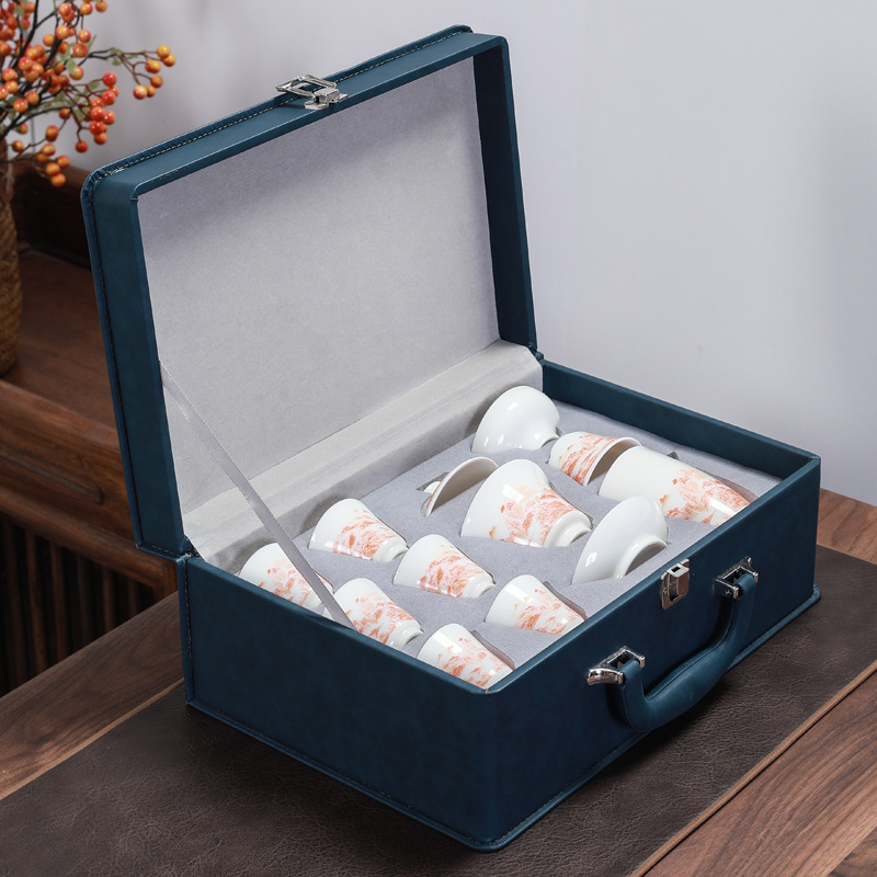 Alum red tea set gift Chinese simple mutton fat jade porcelain kung fu tea set company event gift tea tray