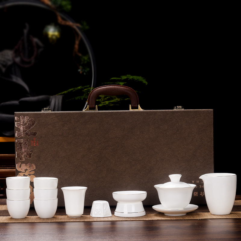 Yangzhi Jade Kung Fu Tea Set Business Event Gift Cover Bowl Tea Set Annual Meeting Real Estate Gift Set