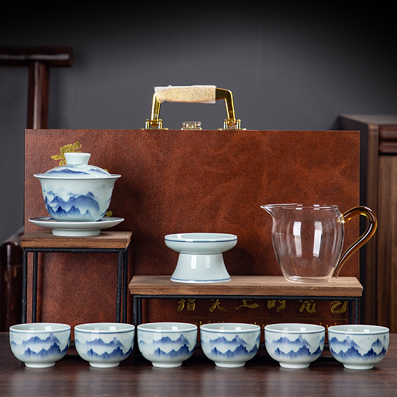 Blue and white glaze ceramic complete set of Kung Fu tea set handmade home business office gift tea maker gift box