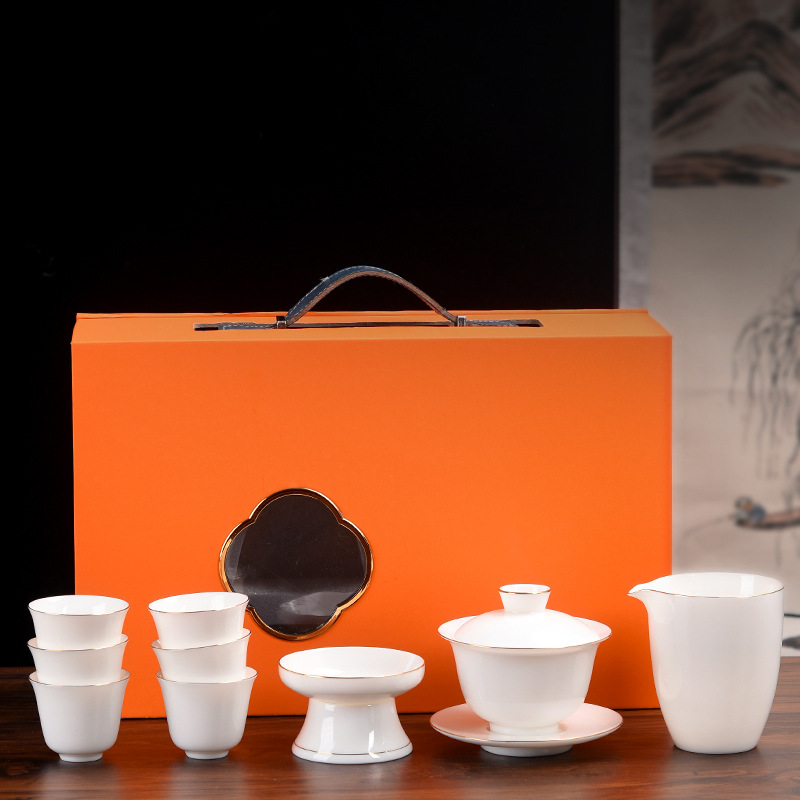 Sheep fat jade white porcelain kung fu tea set home office business meeting guest Dehua cover bowl tea cup light luxury gift box