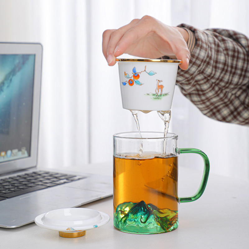 Mug glass tea separation tea cup office sheep fat jade filter tea leak water cup with lid accompanied by hand gift