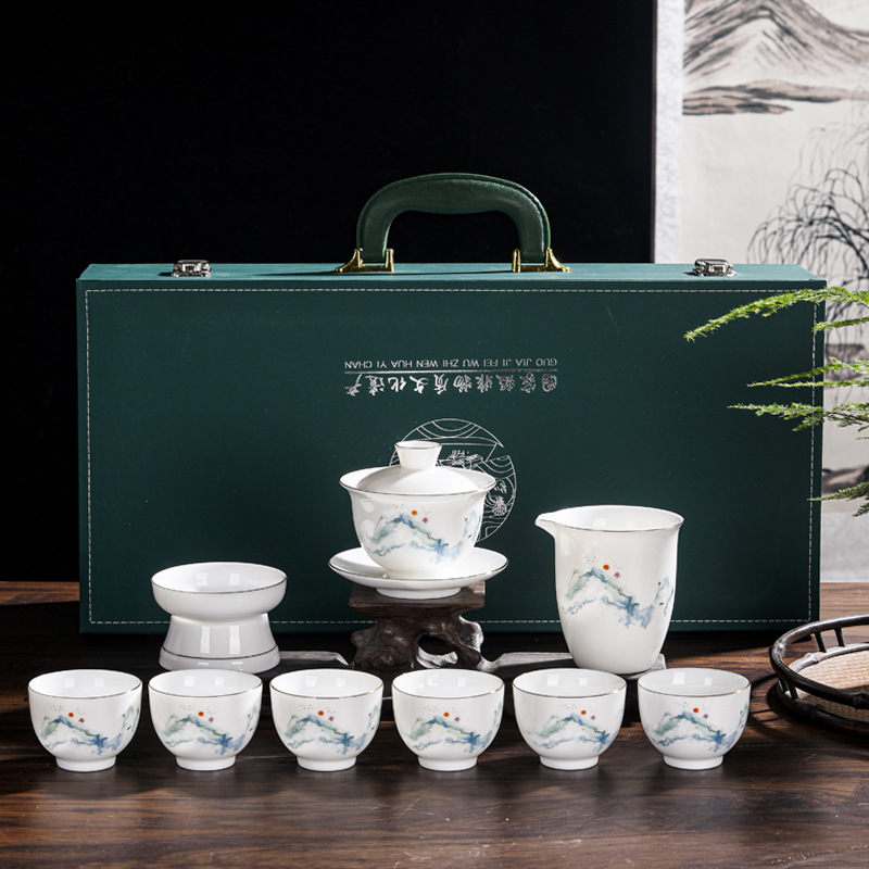 Yangzhi jade light luxury kung fu tea set home office guest tea ceramic gift box set business gift LOGO