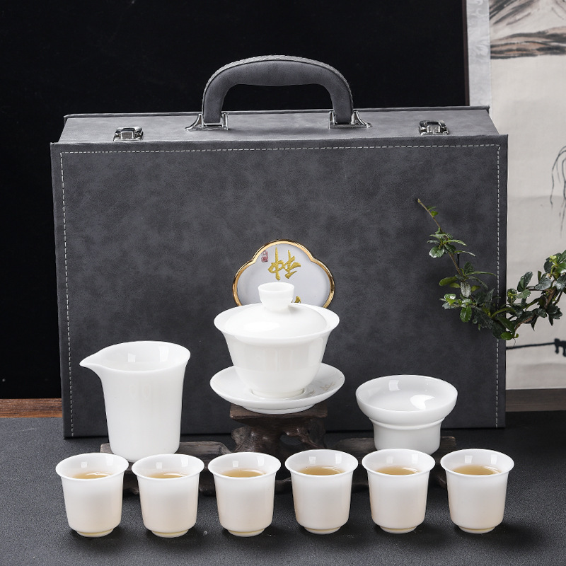 Sheep fat jade ice type kung fu tea set household simple opening business activities gift to customers
