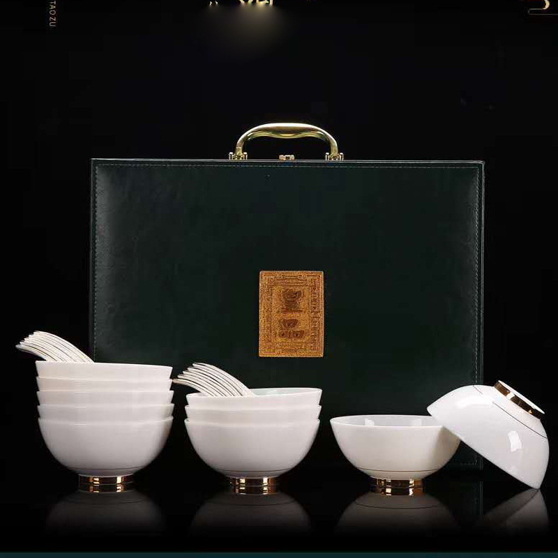 白瓷羊脂玉瓷碗套装家用送礼简约奢华餐具中式陶瓷套碗礼盒装