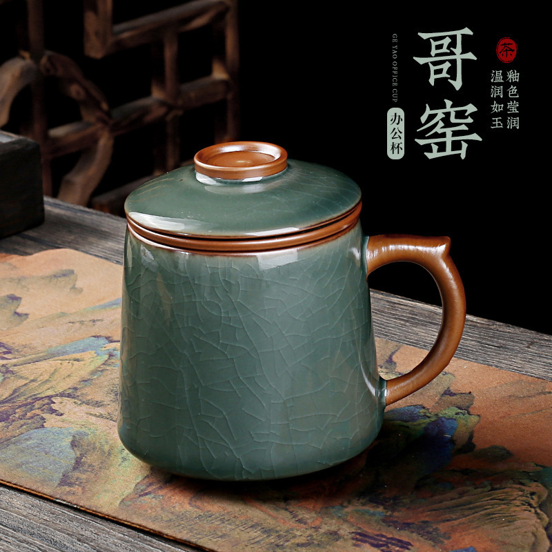 汝窑马克杯办公杯水杯茶水分离过滤个人泡茶杯会议礼品茶壶陶瓷杯