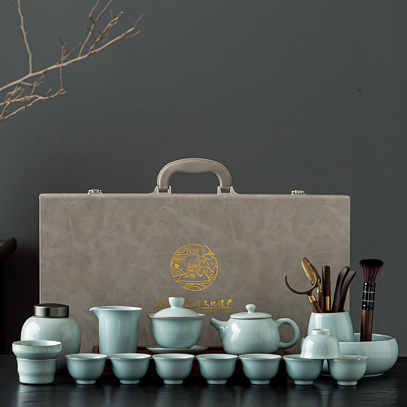 汝窑功夫茶具套装礼盒装家用整套开片可养陶瓷茶具礼品可定LOGO