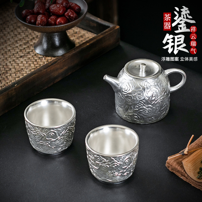 999鎏银茶壶一壶二杯高档手工鎏银功夫茶具家用高档礼盒装泡茶器