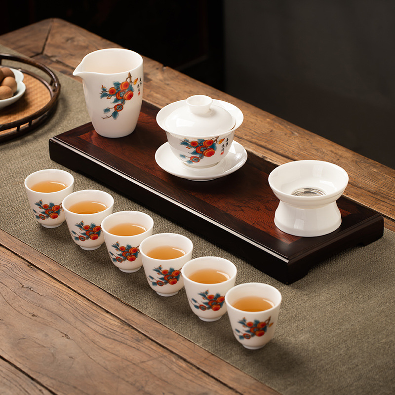 直销羊脂玉柿事如意茶具套装家用办公室轻奢高档功夫泡茶盖碗茶杯
