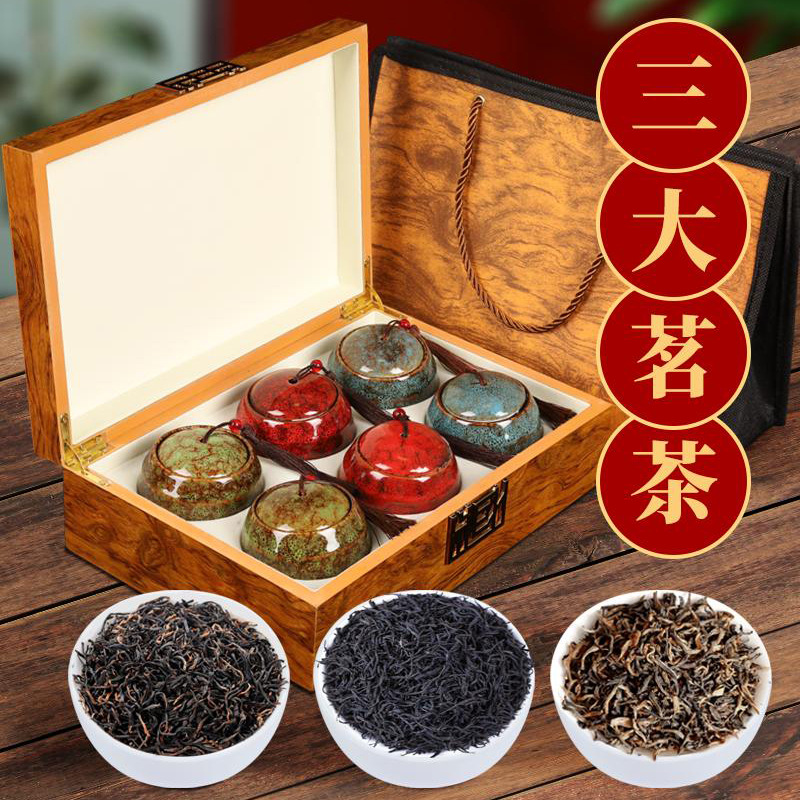 Three big tea 6 ceramic pots, wooden boxes, high-grade tea gift box, Jinjunmei black tea, Yunnan red Zhengshan small seed gift.
