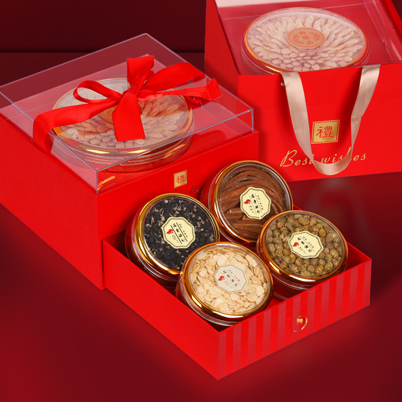 Black wolfberry high-end tea in gift box, gift box, small cans of American ginseng, ginseng slices, dendrobium officinale, anointed, and Ganoderma lucidum